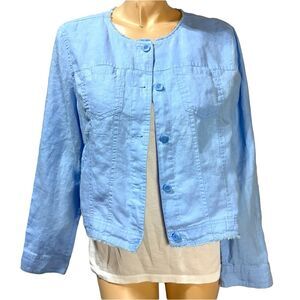 Tommy Bahama 100% Linen Light Blue Jacket Women's Size L Large Raw Trim